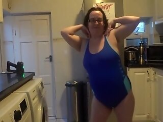 Wife With Big Breasts Dancing In Tight Blue Swimsuit